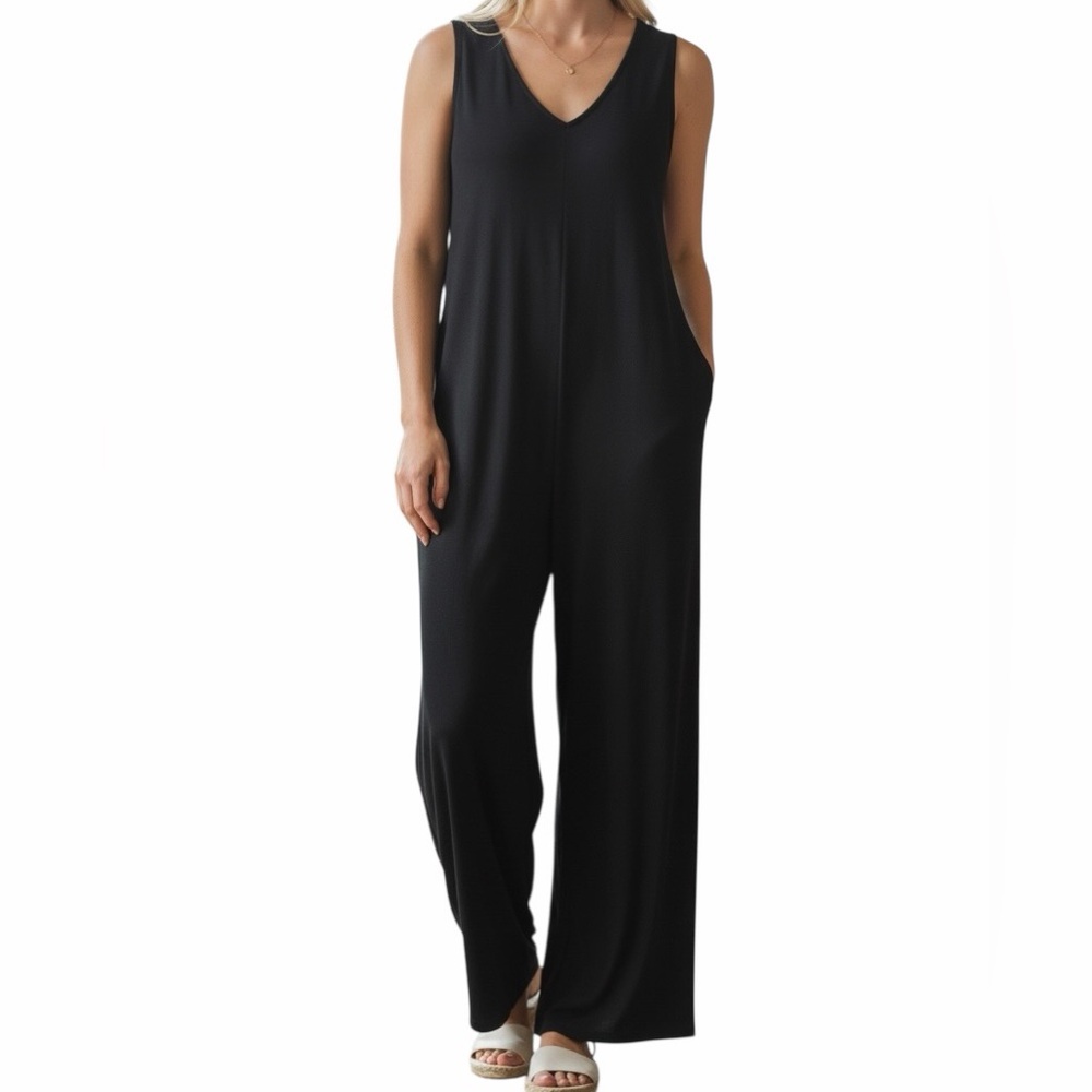 Comfy USA Black Jersey Knit Sleeveless Loose Fit Jumpsuit S